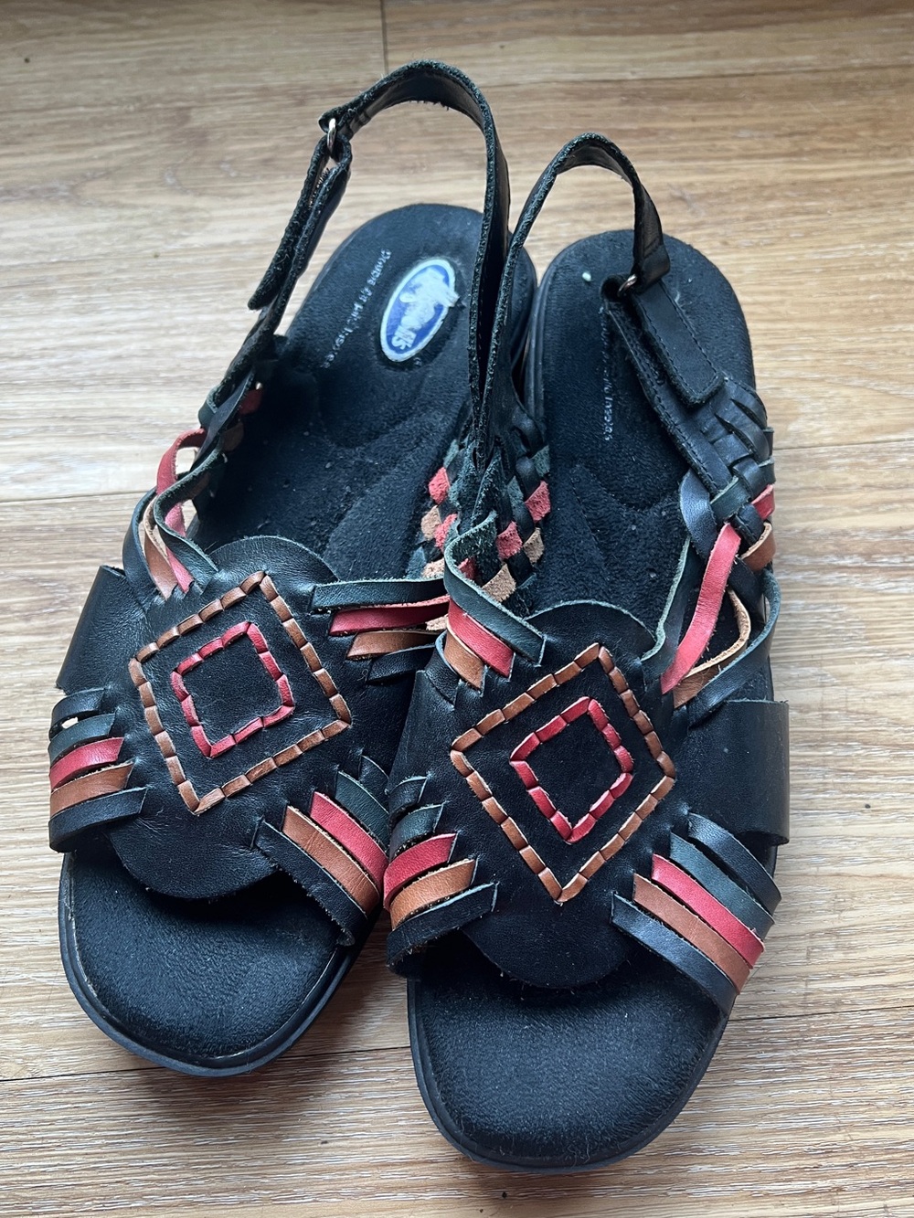 Dr. Scholl's Black Wedge Sandals with Red and Brown Accent Straps